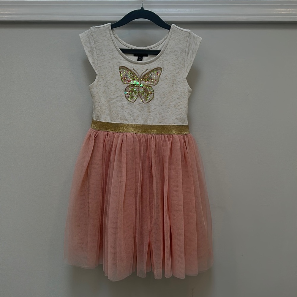 Girls size 6 butterfly dress with metallic gold lining